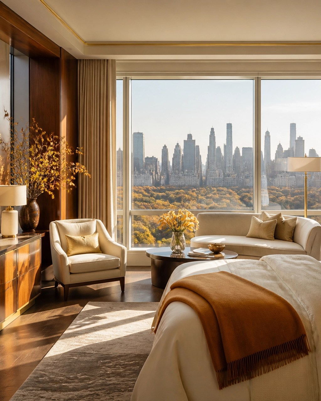 Elegant Manhattan hotel suite with floor-to-ceiling skyline views and warm autumn décor
