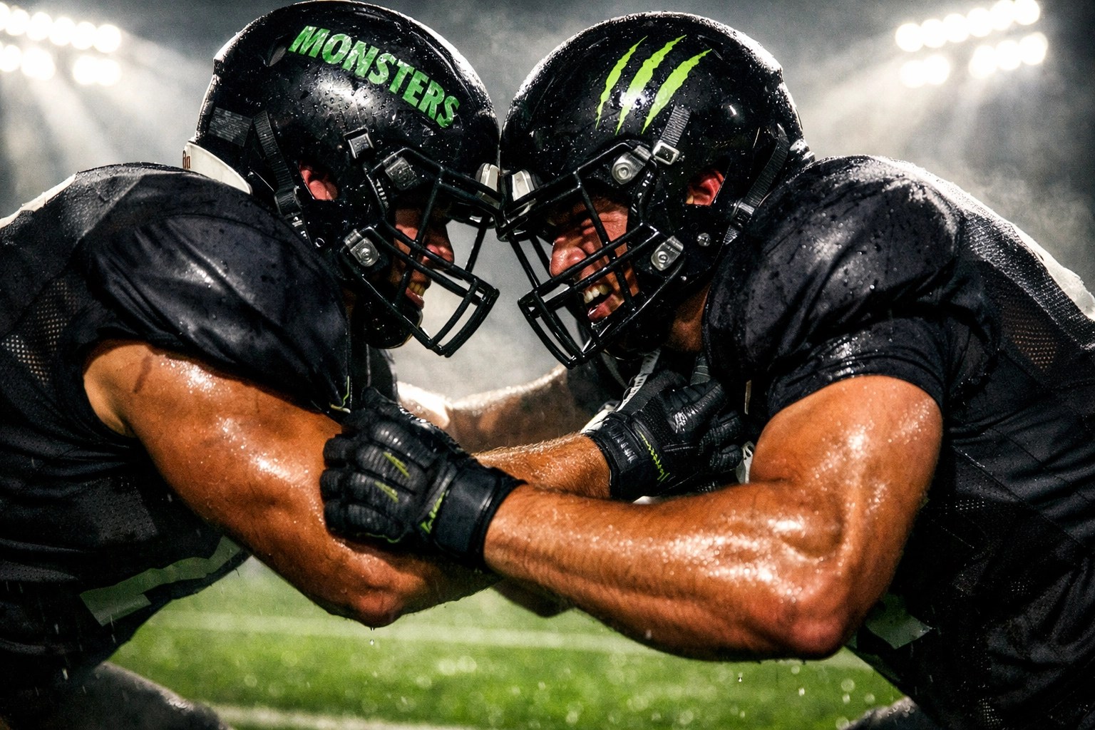 High school football players in an intense line drill during elite Atlanta sports training.