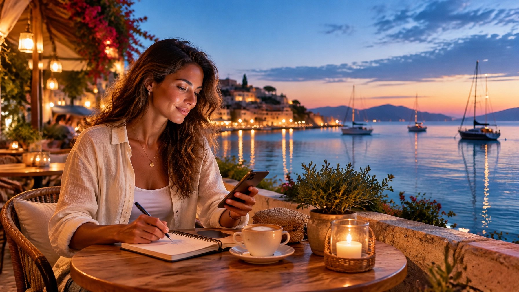 A remote entrepreneur reviewing a phone and notebook at a coastal café terrace at dusk