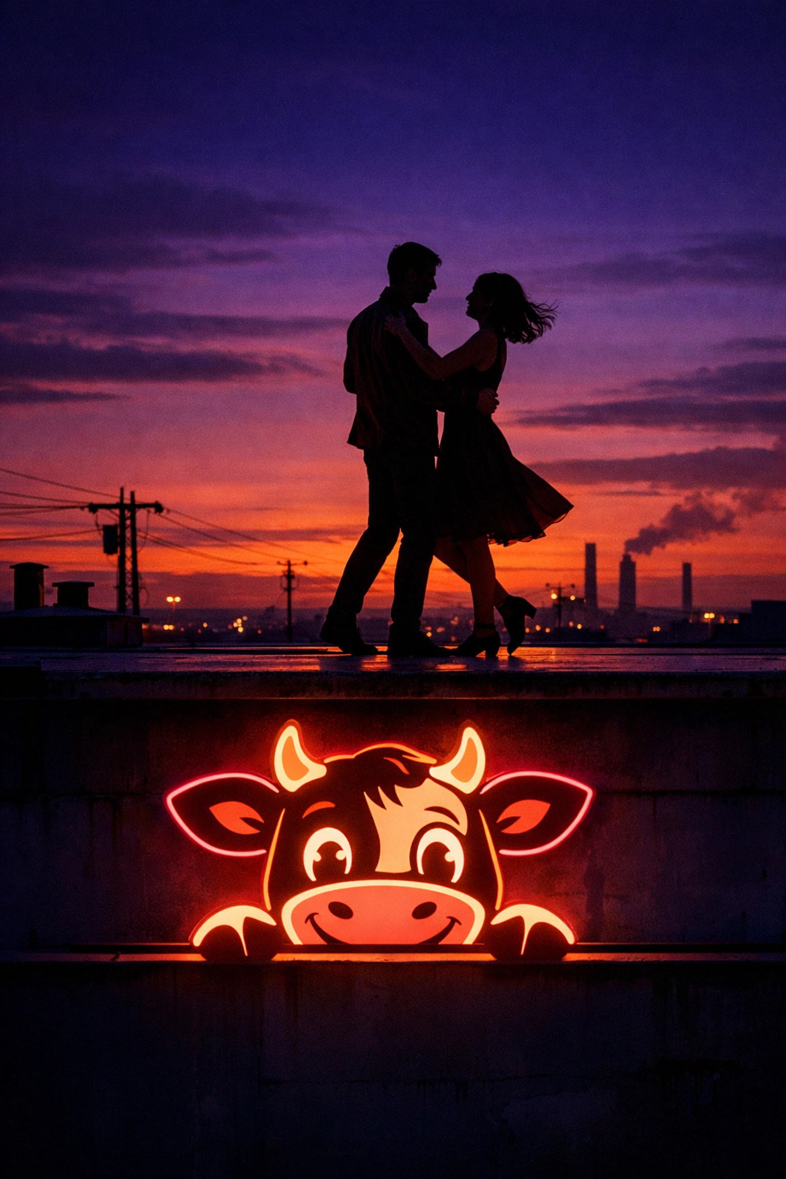 Dante and Becky dancing on an industrial rooftop under a twilight sky in Kevin Smith's Clerks II.