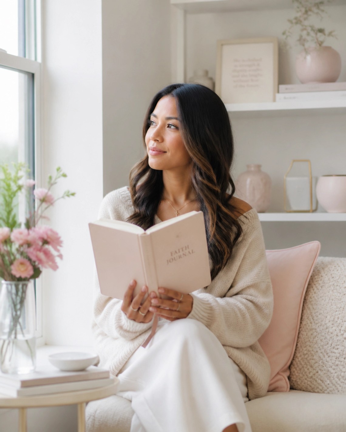 A petite woman sitting peacefully in a sun-drenched nook with her Faith Journal, reflecting the visionary and calm vibe of Charlet's Stationery.