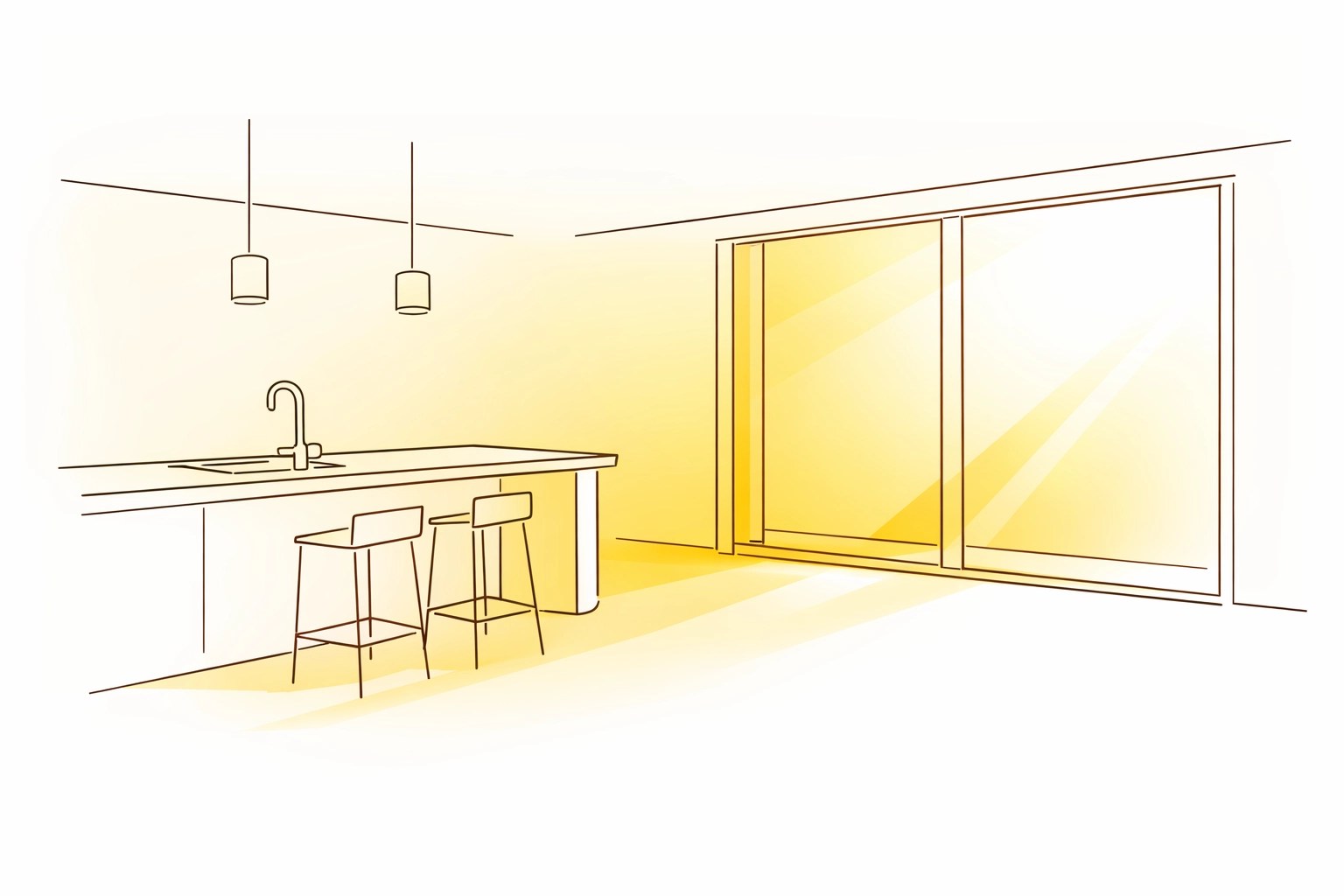 Clean interior design illustration of an open-concept kitchen in a high-quality new build.
