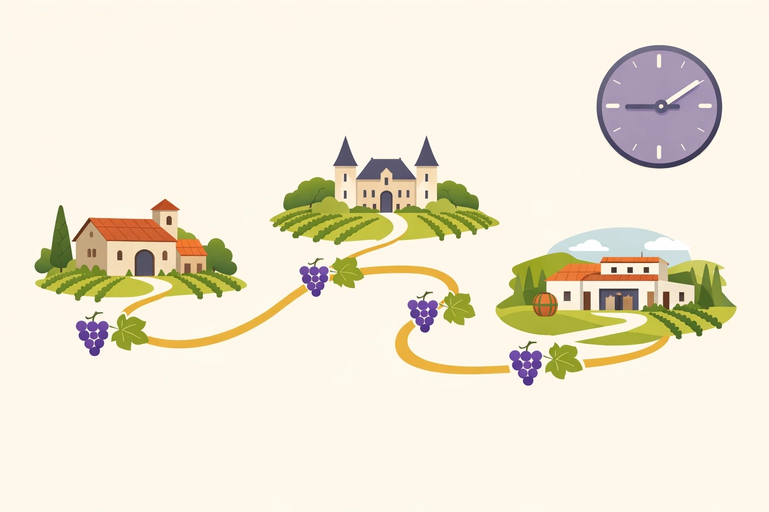 Illustrated winery tour route map showing organized timing for a stress-free Northern Virginia visit.