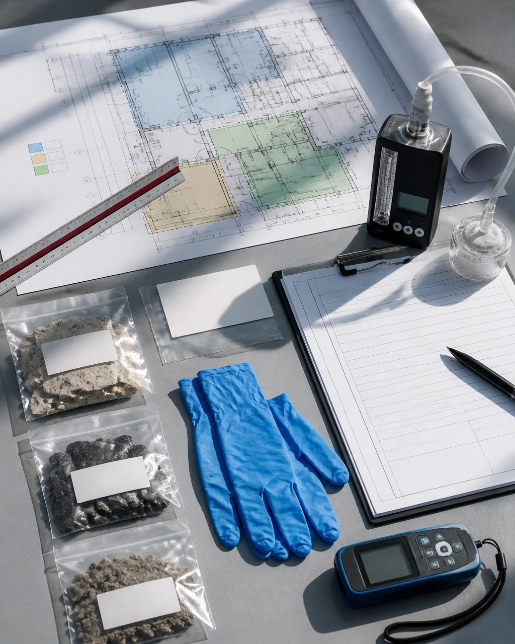 Field documentation setup for a New Jersey commercial asbestos survey with sampling equipment and building plans