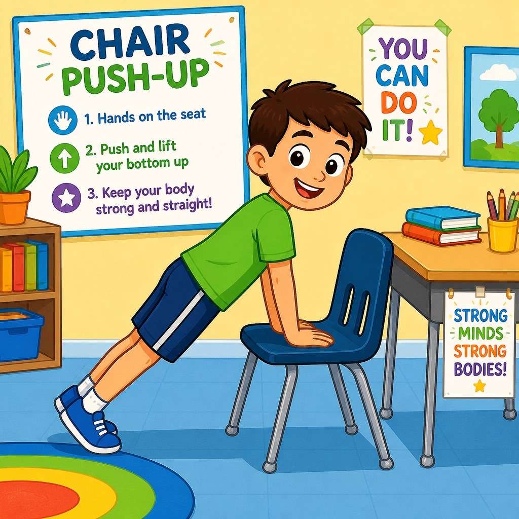 A flat 2D cartoon-style illustration of a child doing a chair push-up at their school desk to help with sensory regulation.