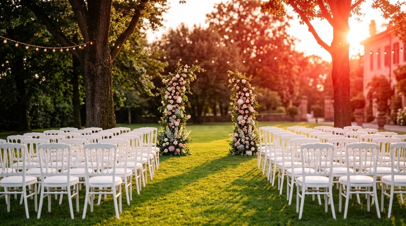 A luxurious garden wedding ceremony setup at sunset with white chairs and a floral altar.