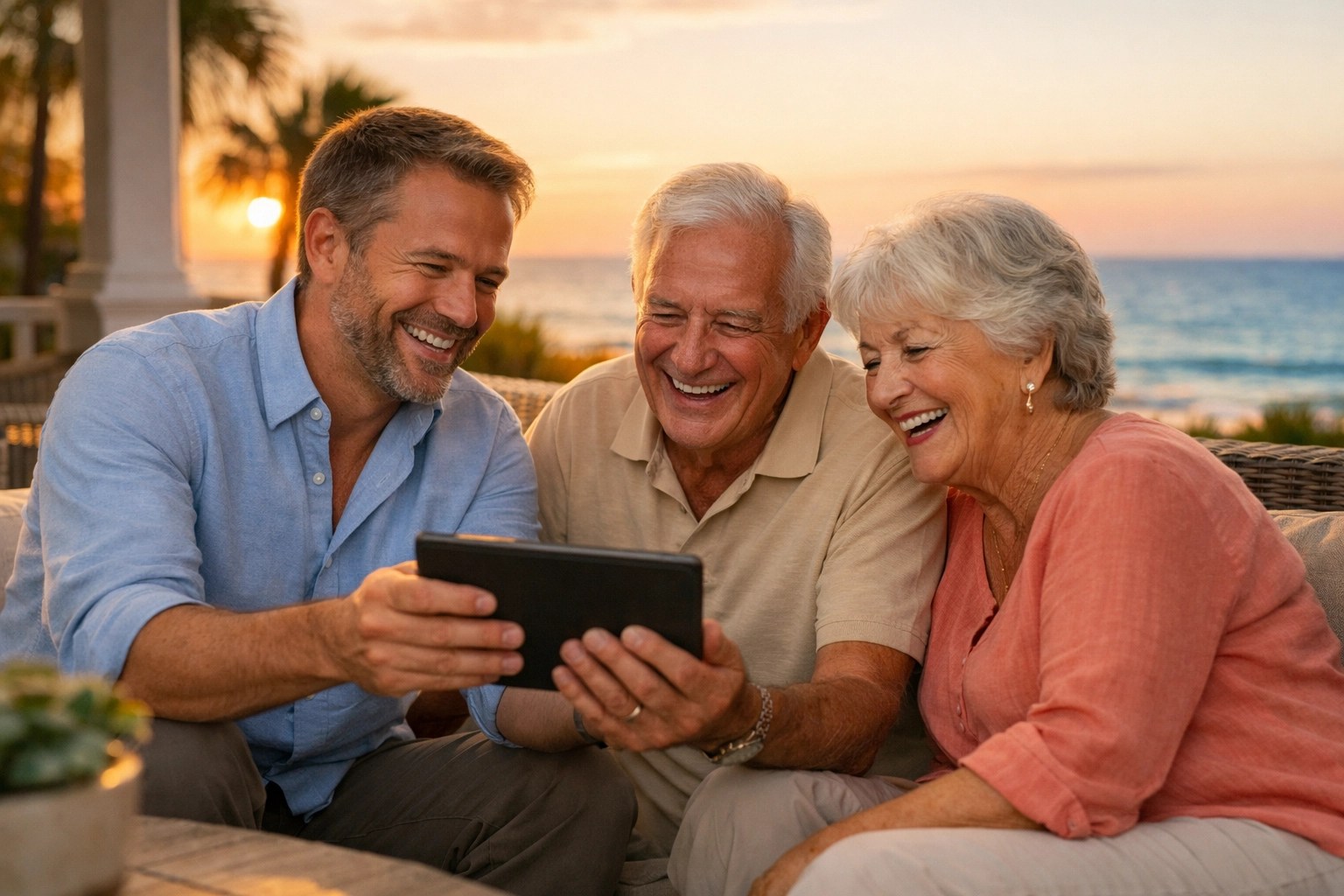 A helpful insurance agent guiding a senior couple through their Medicare plan options on a digital tablet.
