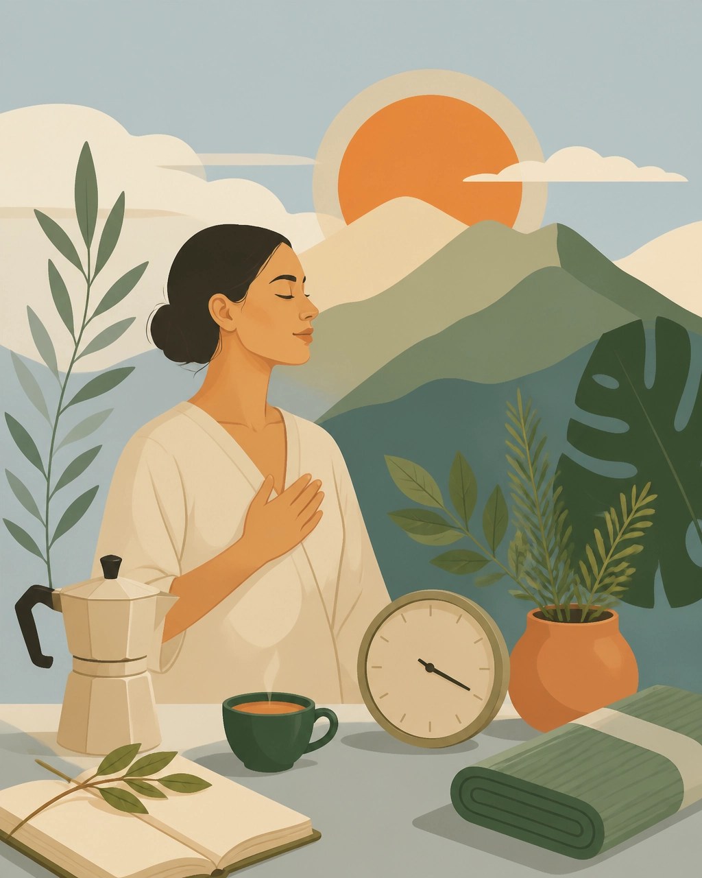 Rutina diaria consciente con café colombiano, pausa de respiración, reloj y hojas aromáticas