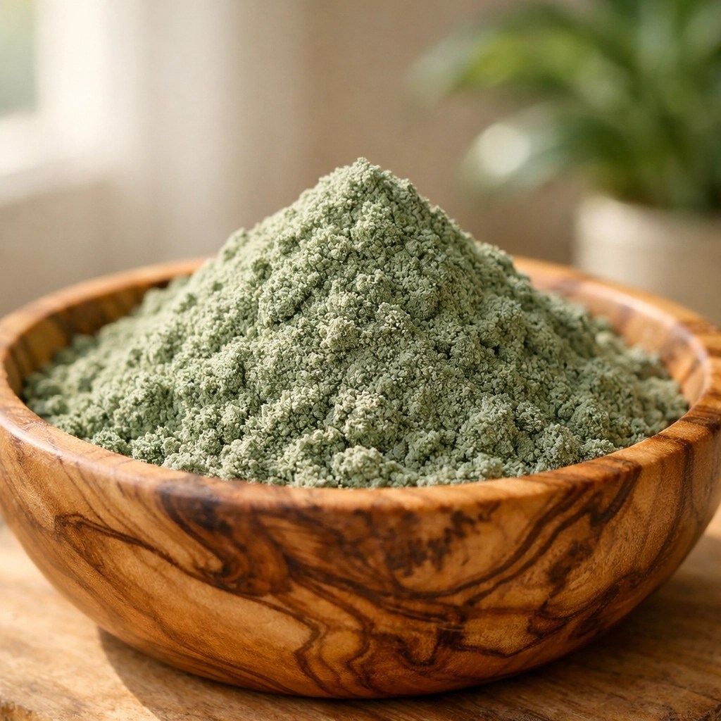 Fine food grade green clay powder in a wooden bowl for natural healing and detox.