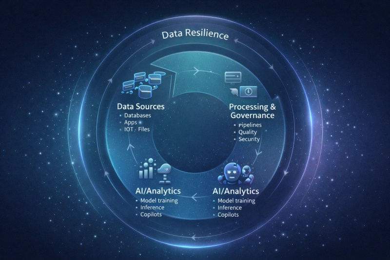 Circular data resilience loop showing data sources feeding AI processing and analysis, producing outcomes that generate new data for the next cycle.