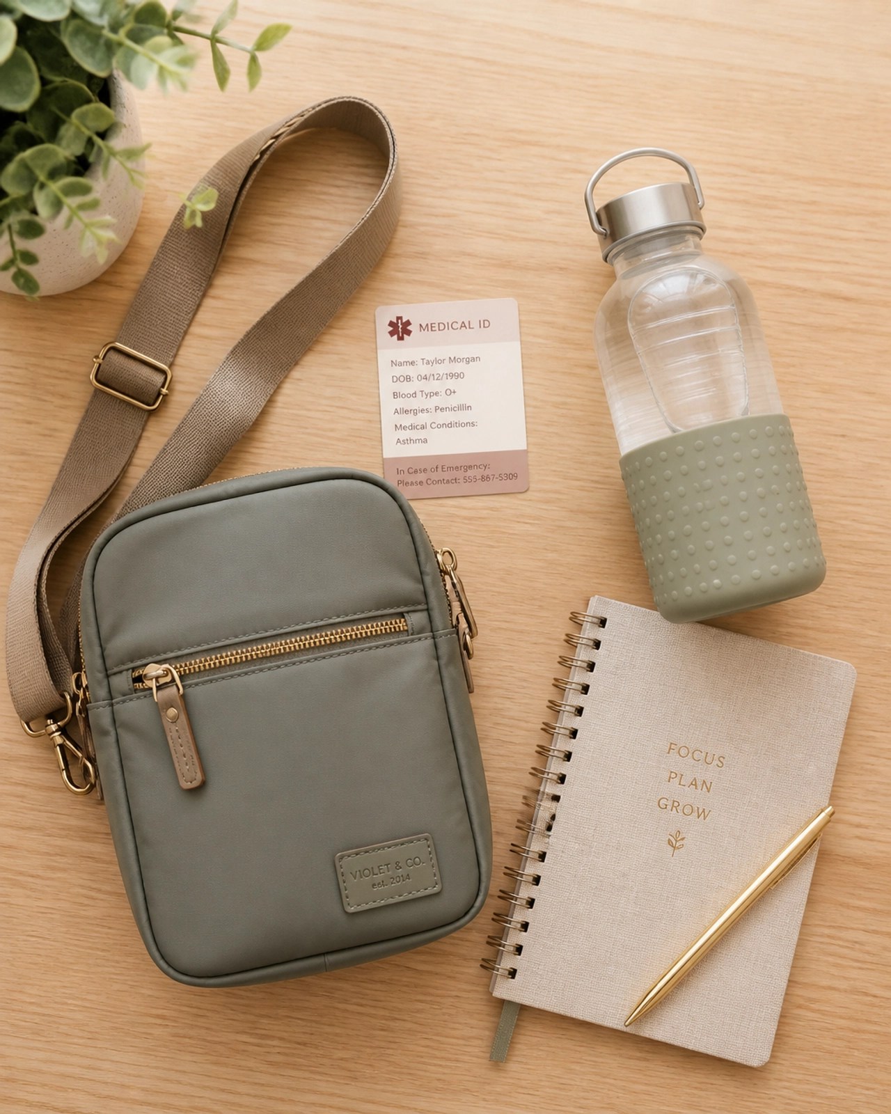 An organized medical go-bag with ID and essentials on a clean table