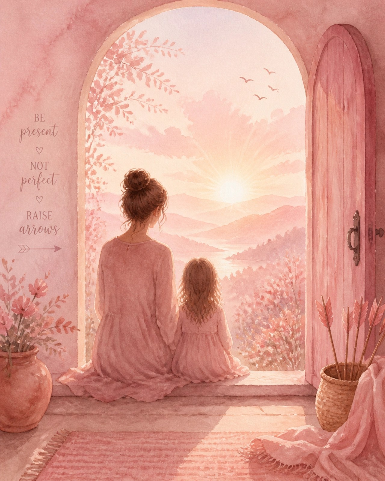 A silhouette of a mother and child in a doorway looking at a sunrise, in soft blush pink tones.