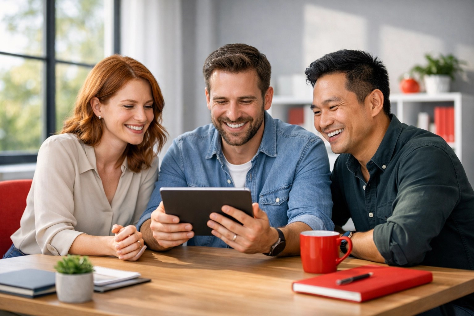 Team members in a modern office reviewing an AI usage policy to improve company operations and clarity.