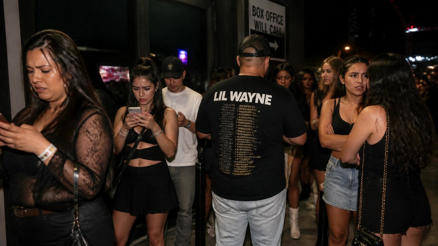 Frustrated concert fans standing outside a venue entrance at night