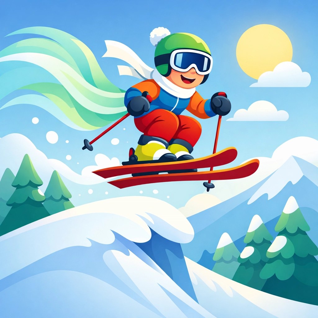 Skier jumping with fresh air trails representing high-performance natural deodorant for athletes on the slopes.