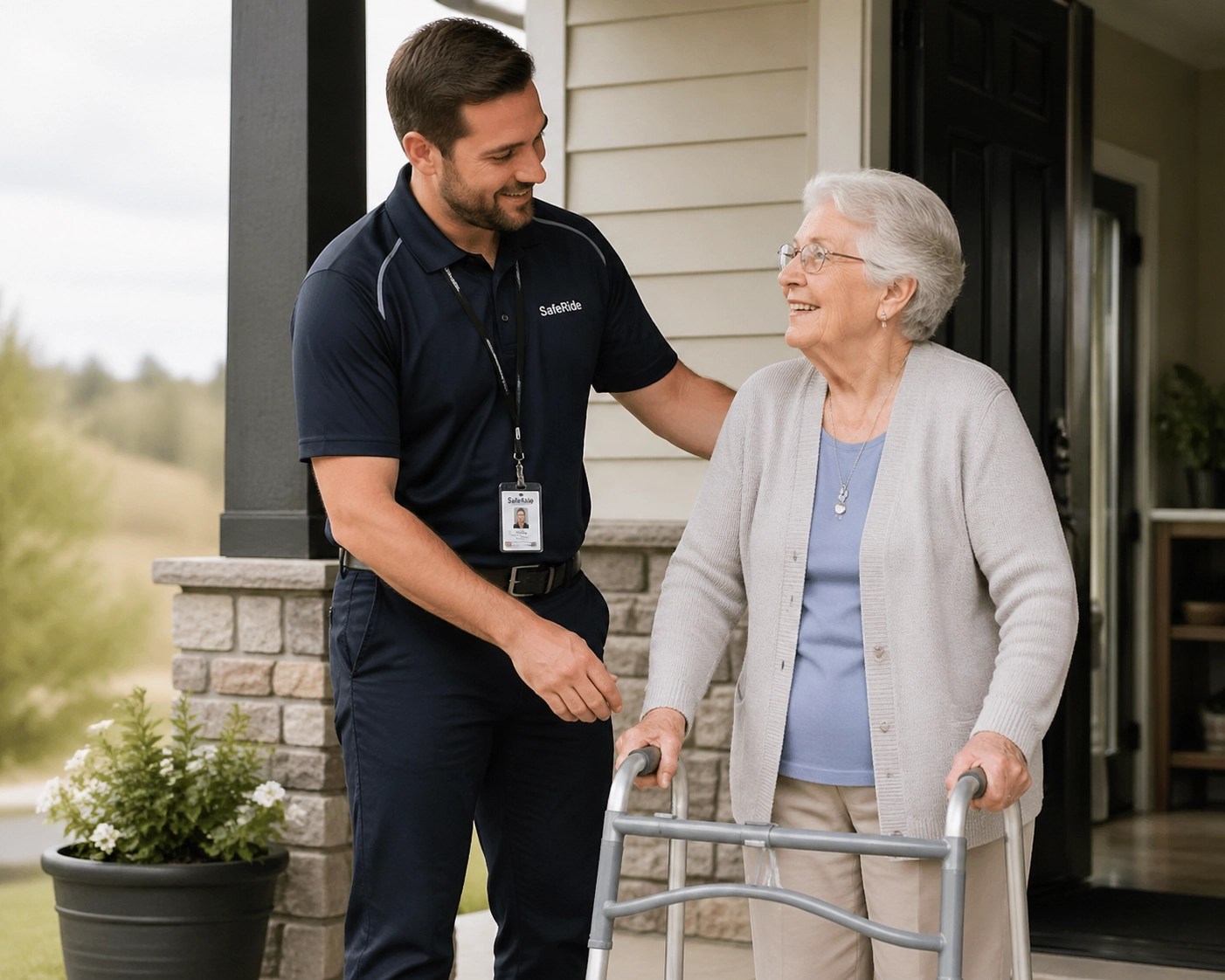 Medical transport driver providing door-to-door assistance for a patient with a walker.