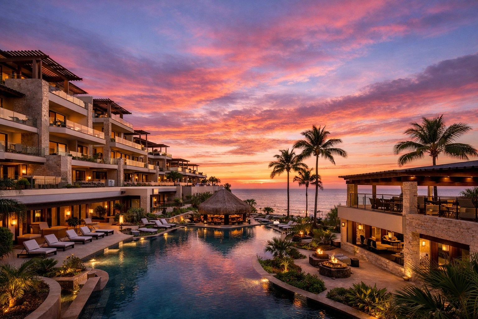 Luxury Mexico resort exterior at sunset in Riviera Maya