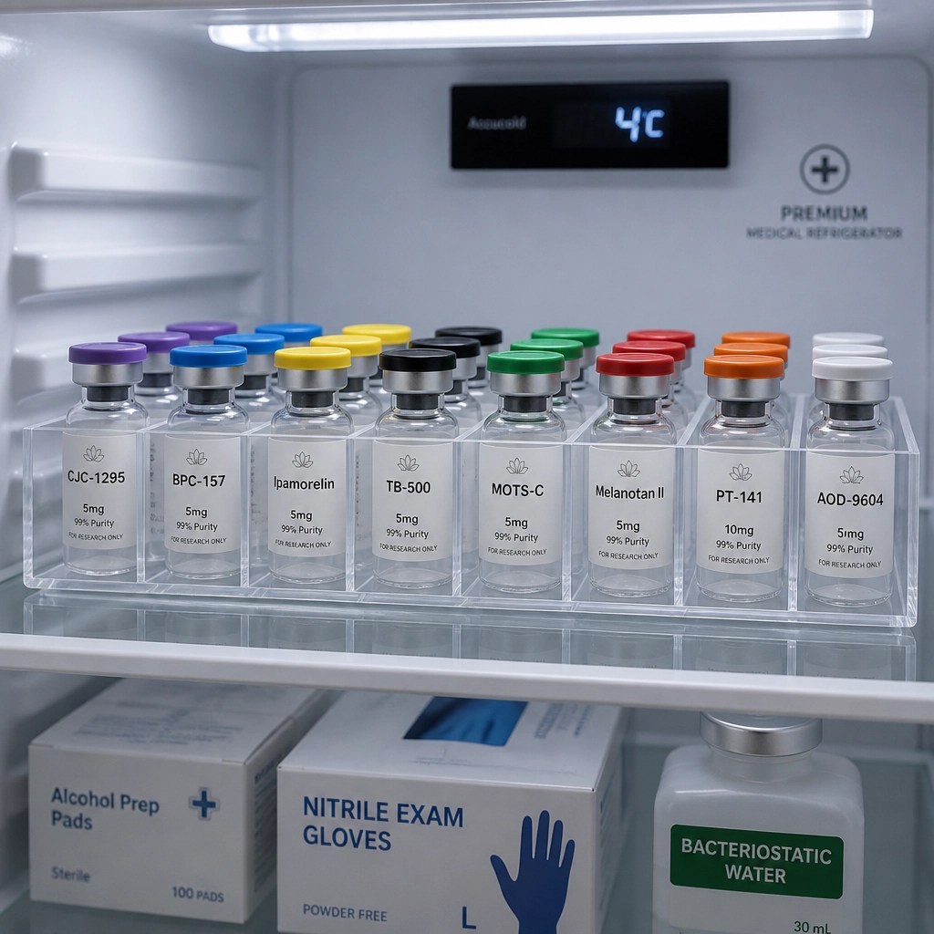 A high-end, organized medical refrigerator shelf with peptide vials