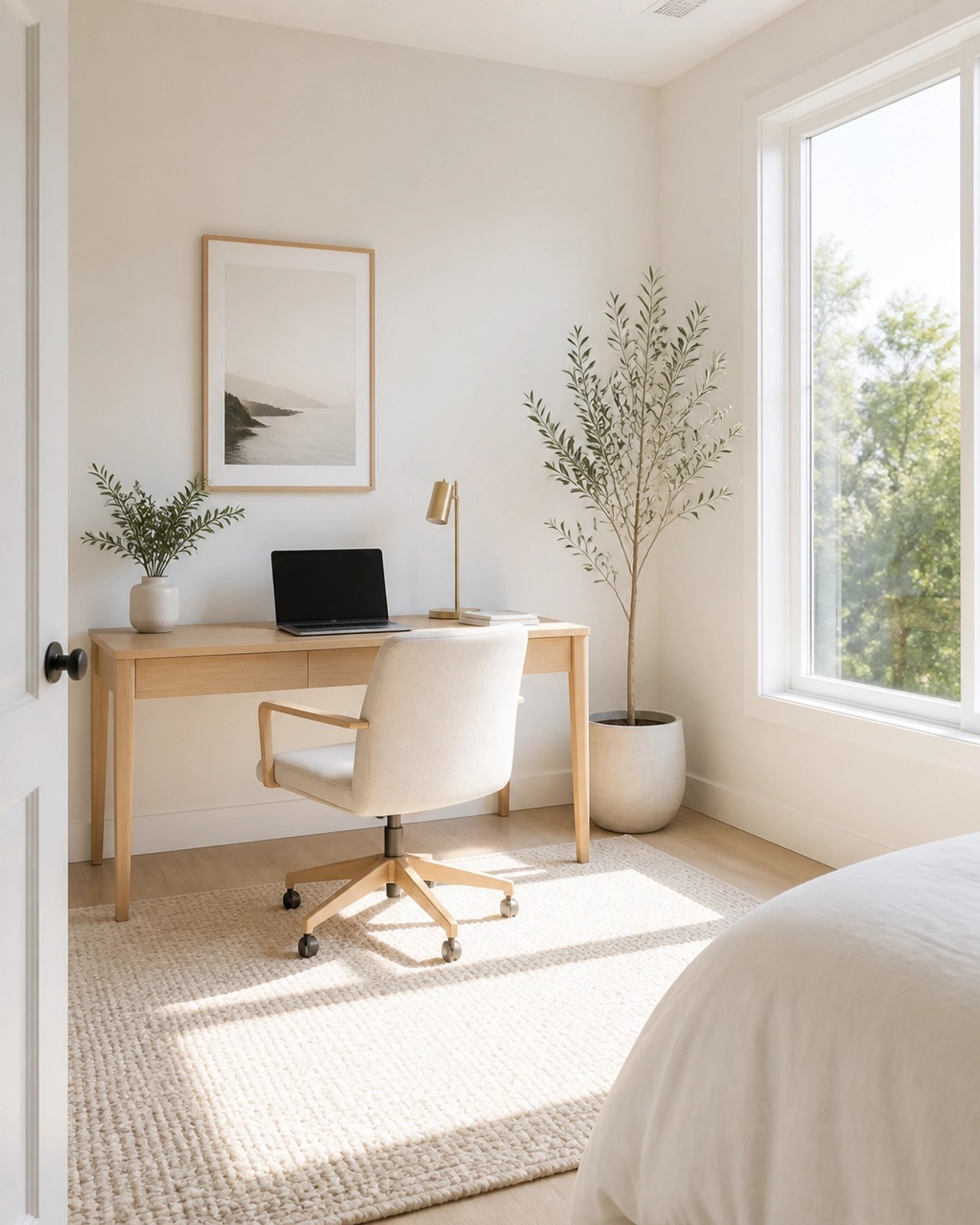A minimalist home office nook inside a spare bedroom with a light wood desk and natural light.