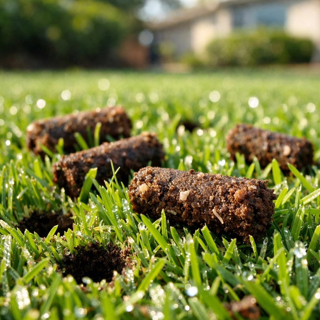 Close-up of core aeration holes and soil plugs on a healthy St. Augustine lawn in Jacksonville.