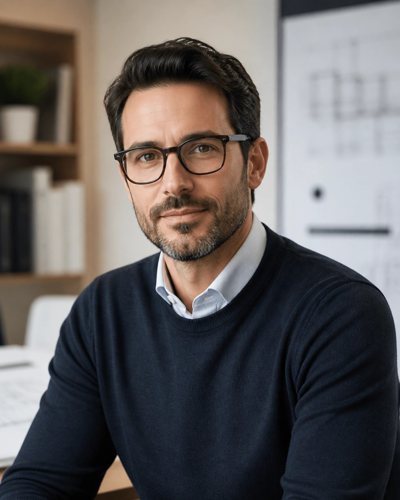 Professional portrait of a technical architect in a focused pose representing expertise