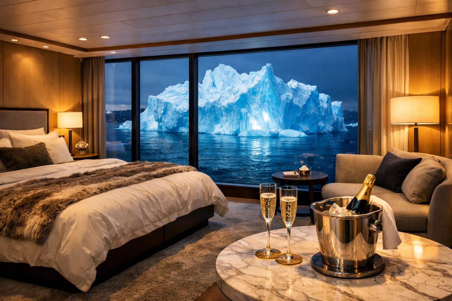 Ultra-luxury suite on a polar expedition ship featuring panoramic views of an Arctic iceberg.