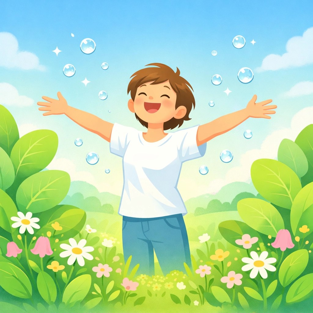 Stylized person in a green meadow symbolizing natural freshness and a healthy aluminum-free lifestyle.
