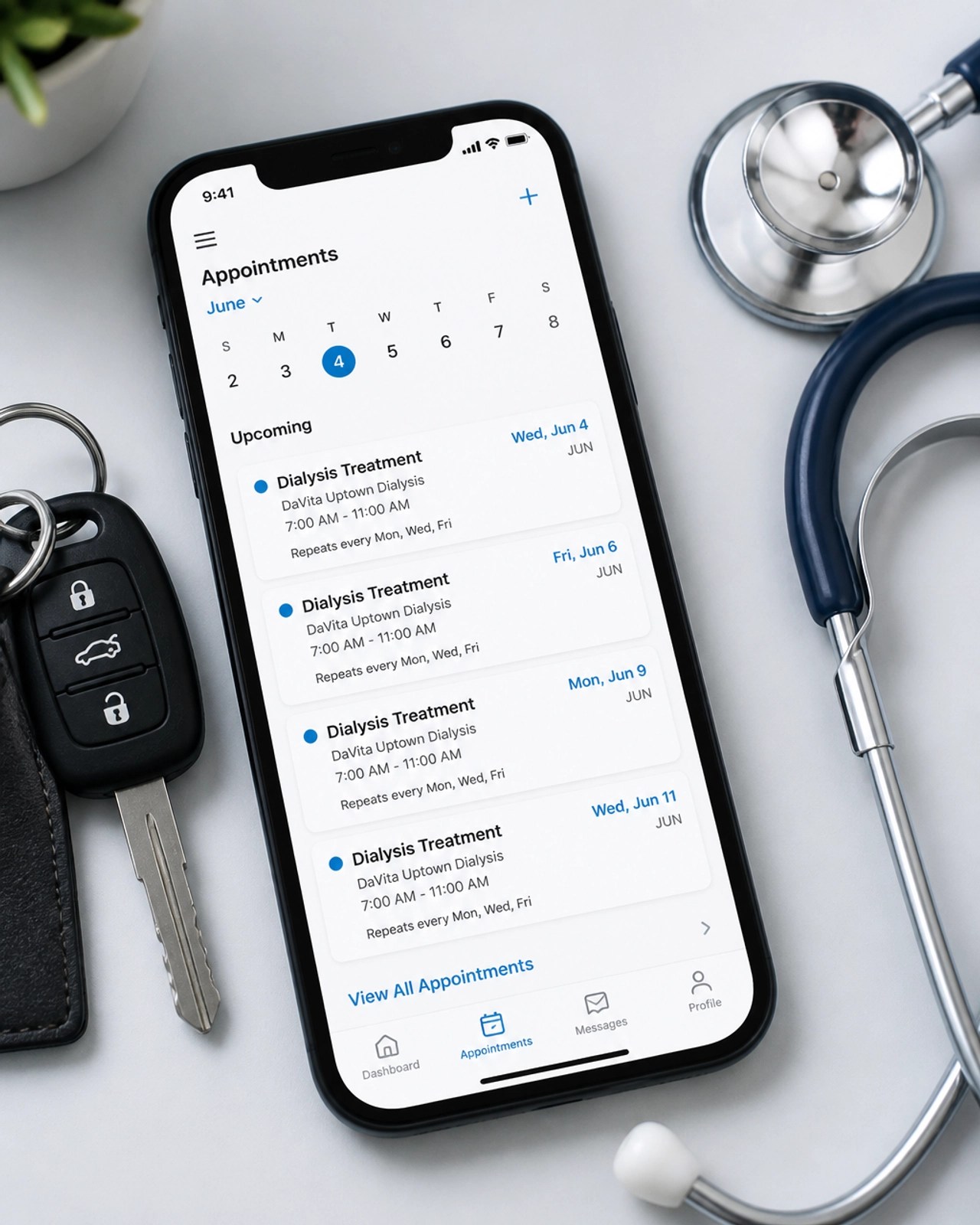 A digital calendar showing scheduled medical appointments with car keys nearby