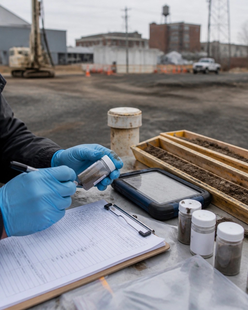 Environmental professional labeling soil samples and reviewing field documentation during New Jersey property due diligence