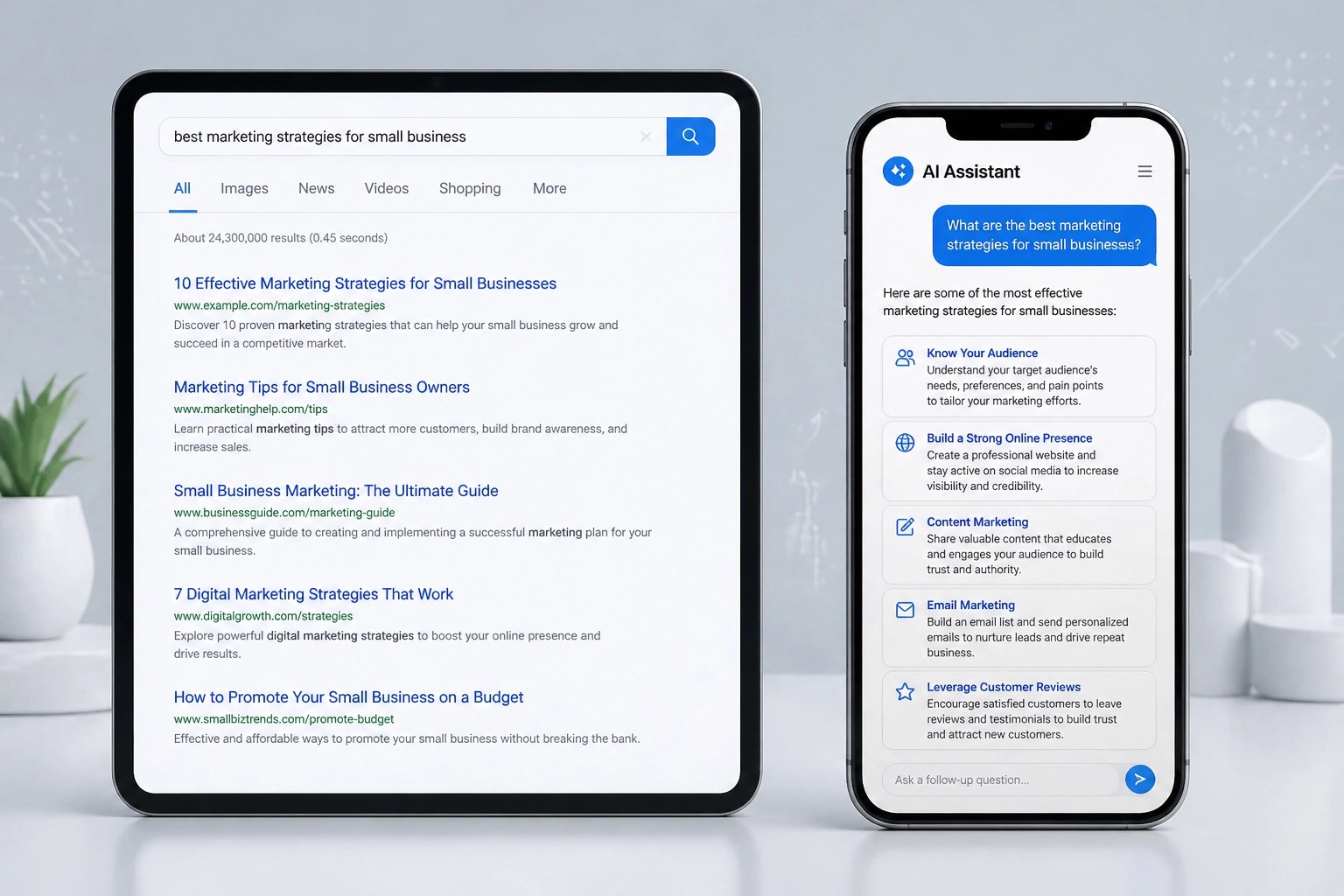 A professional digital illustration showing a side-by-side comparison of a traditional search result list on a tablet and an AI-generated conversational response on a smartphone. The style is 3D-rendered, minimalist, with a palette of whites, greys, and accents of brand blue.