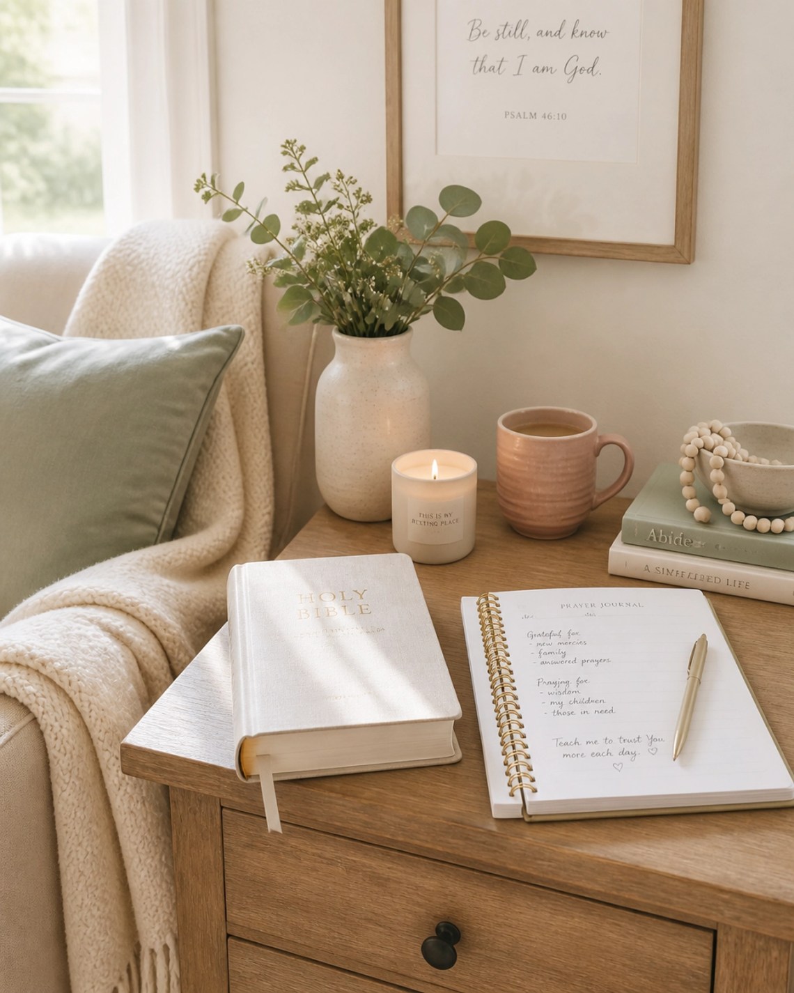 An airy, sunlit reading nook with a cozy cream throw blanket and an open prayer journal