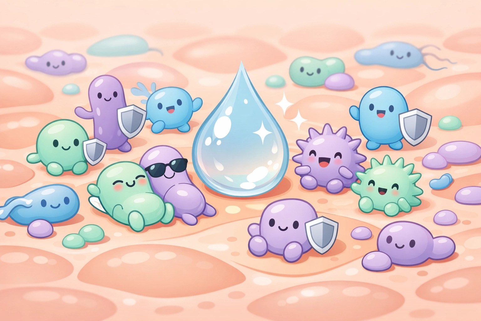 Healthy skin microbiome illustration showing friendly bacteria acting as a natural defense shield.
