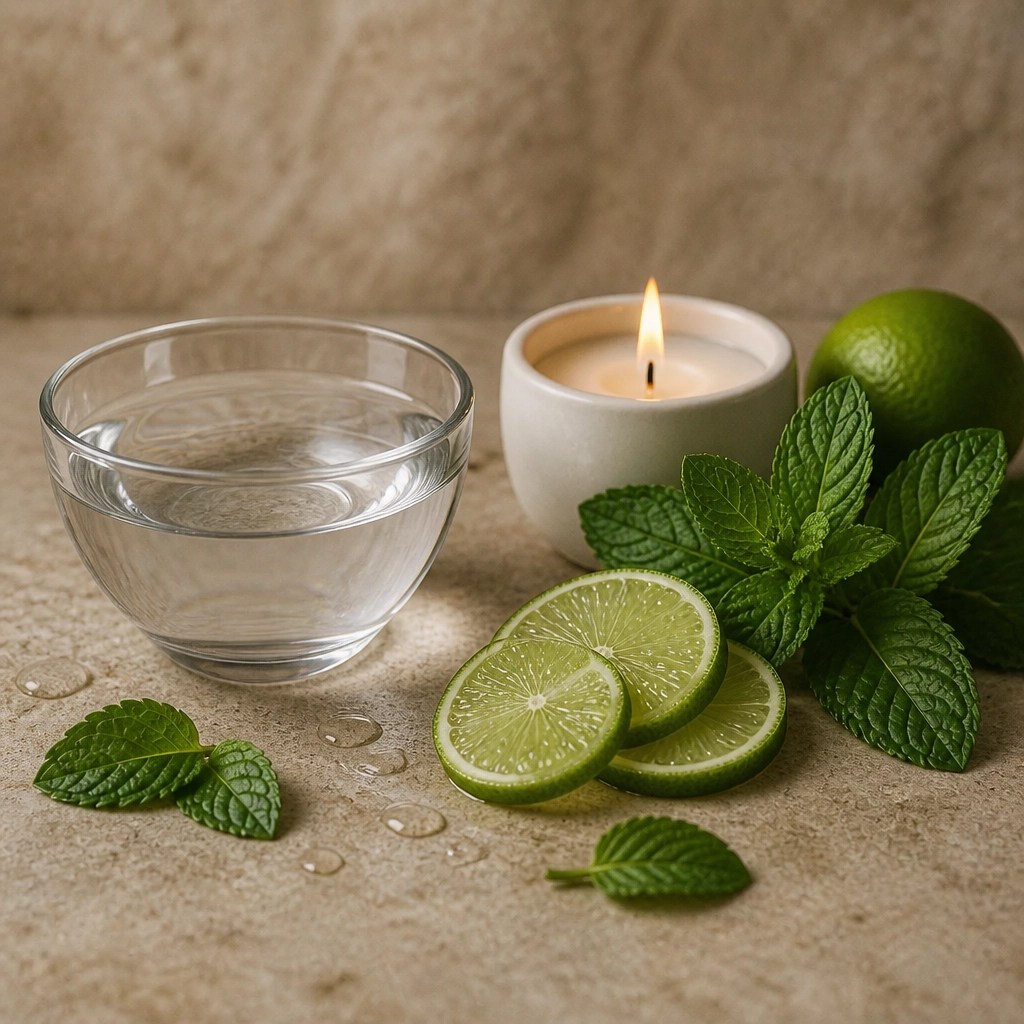 A cooling arrangement of water, fresh mint, and a gentle candle flame representing the transformative fire of Pitta.