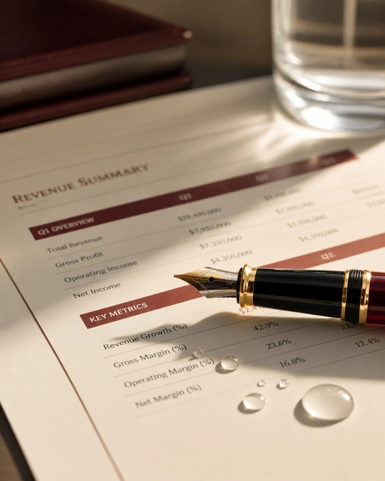A high-end fountain pen on a financial spreadsheet with a symbolic water leak, representing revenue loss.