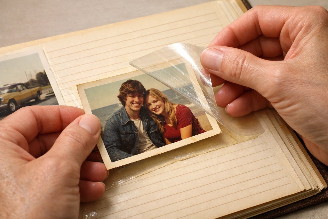 Carefully removing a vintage family photo from a sticky magnetic album for professional scanning.