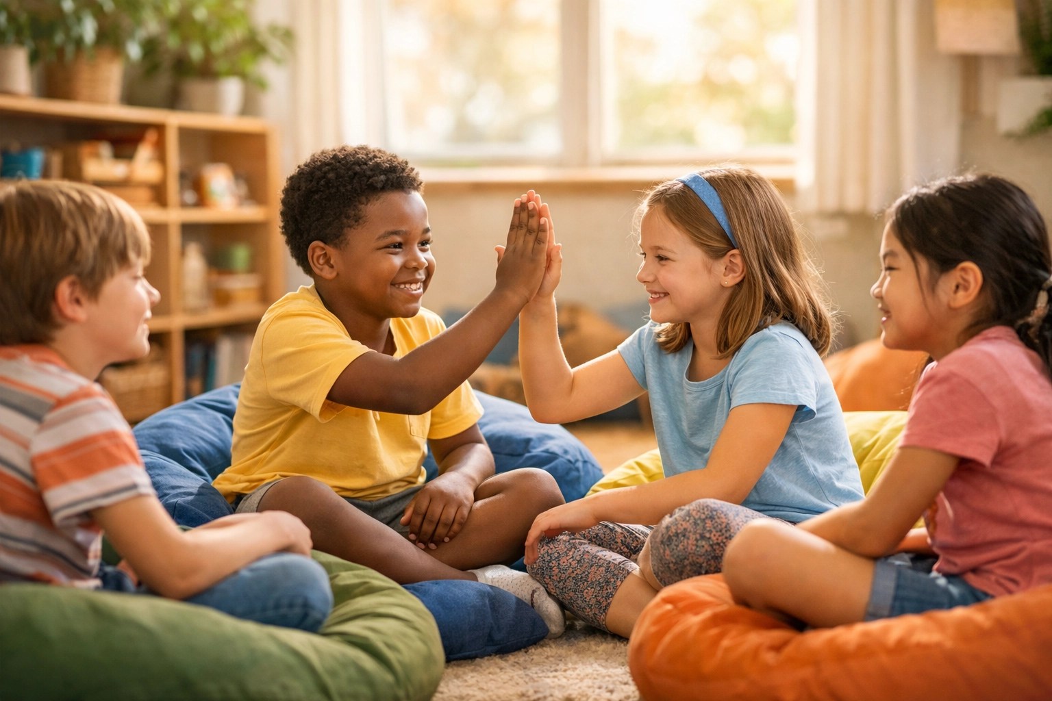 Diverse children sharing a high-five in a supportive group therapy setting to overcome social anxiety.