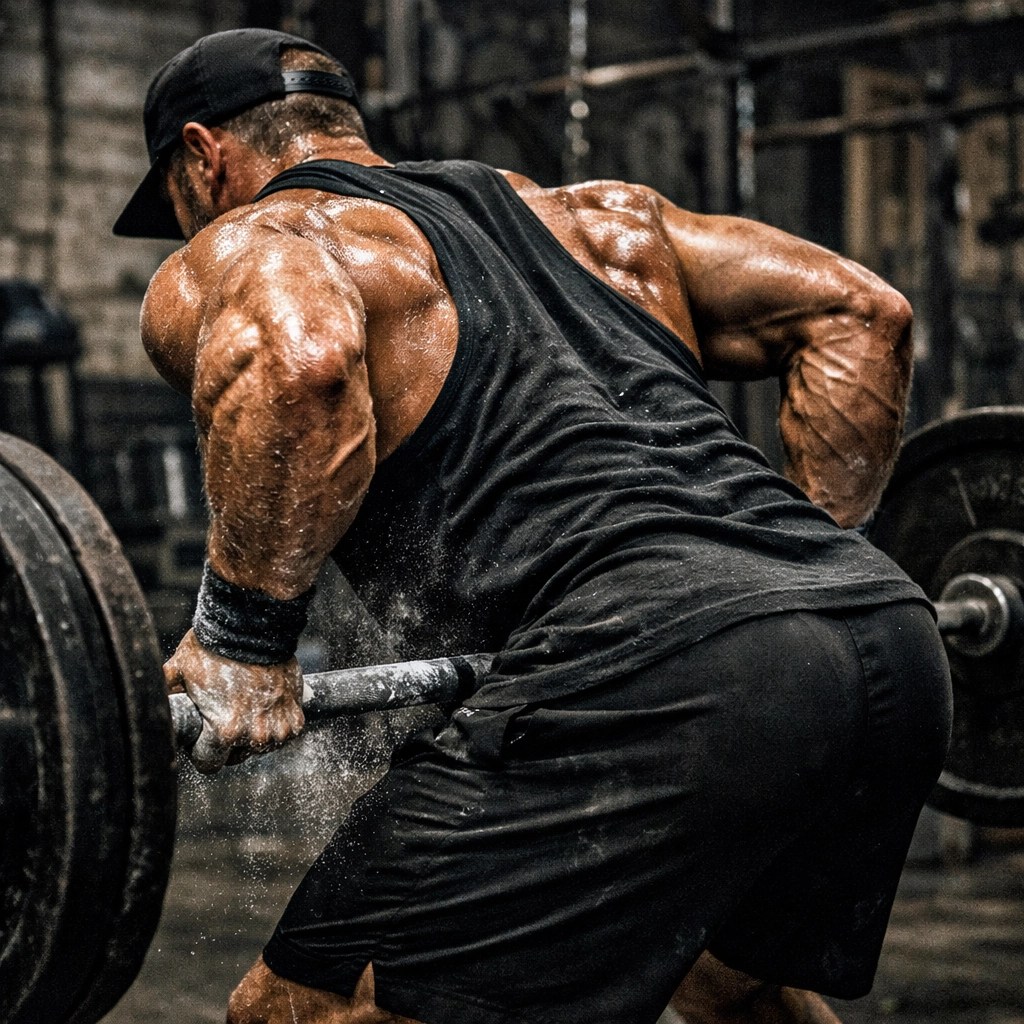 Tibs Parise demonstrating perfect form for bent-over barbell rows to build back thickness and muscle density.