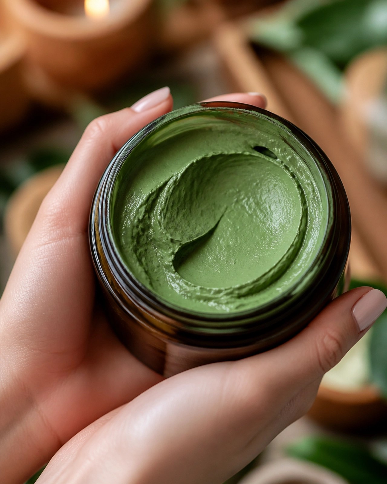 A close-up of creamy green clay texture