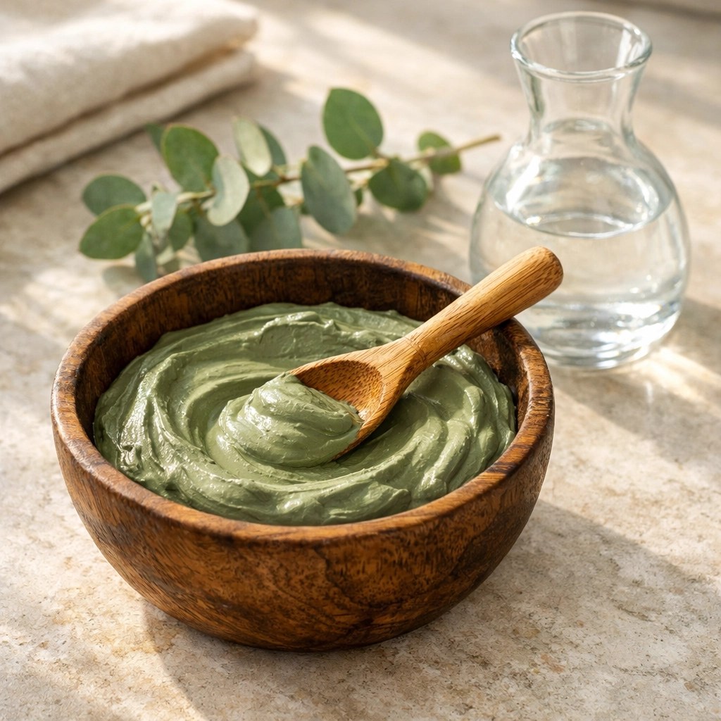 Mixing French green clay in a wooden bowl with a bamboo spoon to preserve mineral integrity for natural healing.