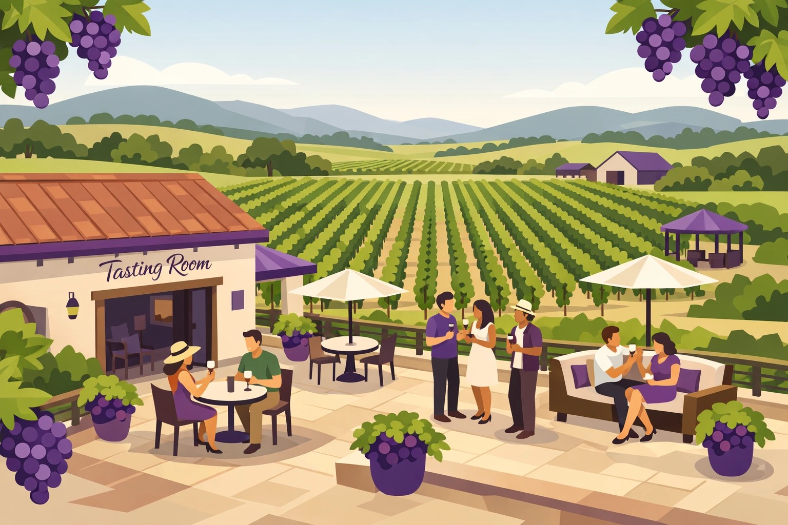 Aerial view of boutique Virginia winery estate with tasting room and vineyard rows