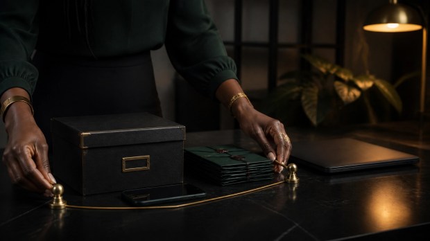 Closed archival box, sealed envelopes, face-down phone, and closed laptop on a dark desk with a brass boundary marker