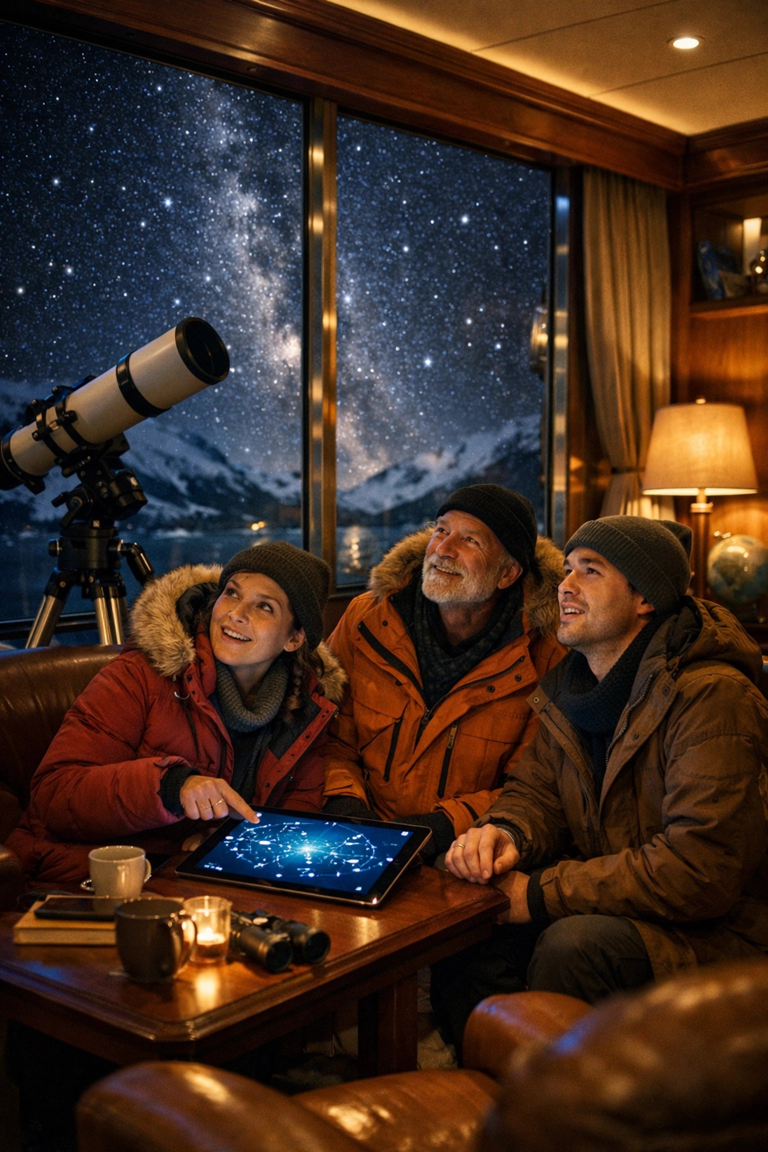 A luxury cruise observation lounge featuring a telescope for expert-led stargazing at sea.