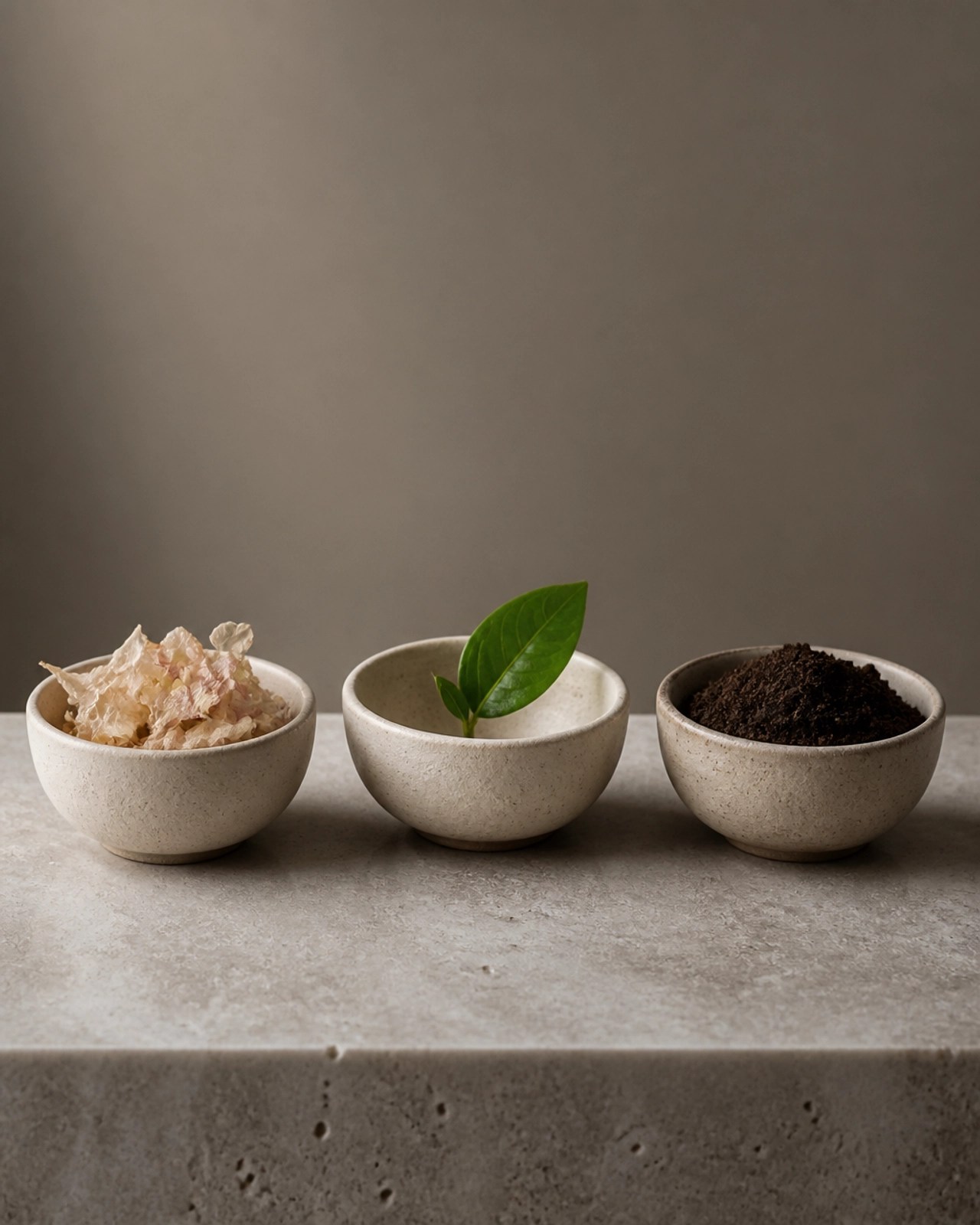 Three minimalist ceramic bowls containing petals, a leaf, and earth, representing the elemental balance of the Doshas.