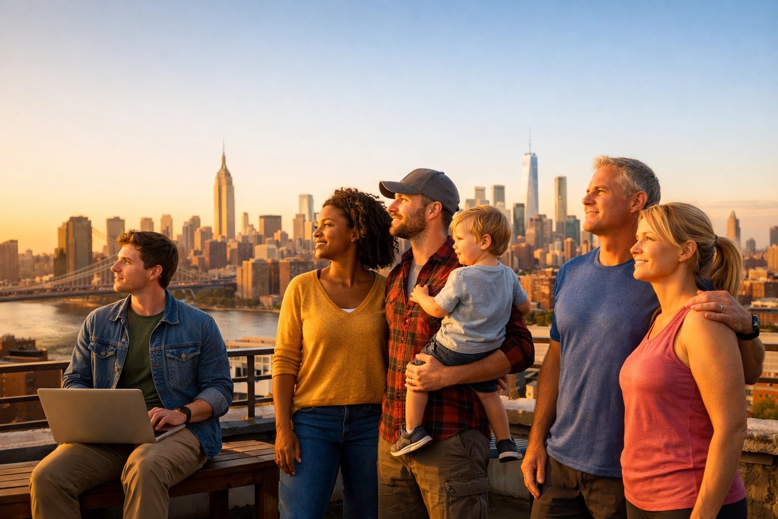 Diverse group of New Yorkers standing on a Brooklyn rooftop overlooking the Manhattan skyline.