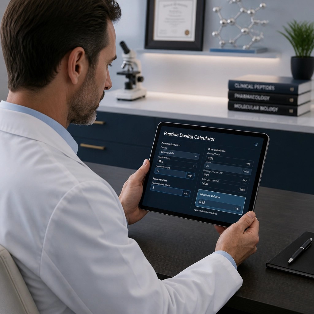 Researcher in a white coat using a digital peptide dosing calculator on a tablet