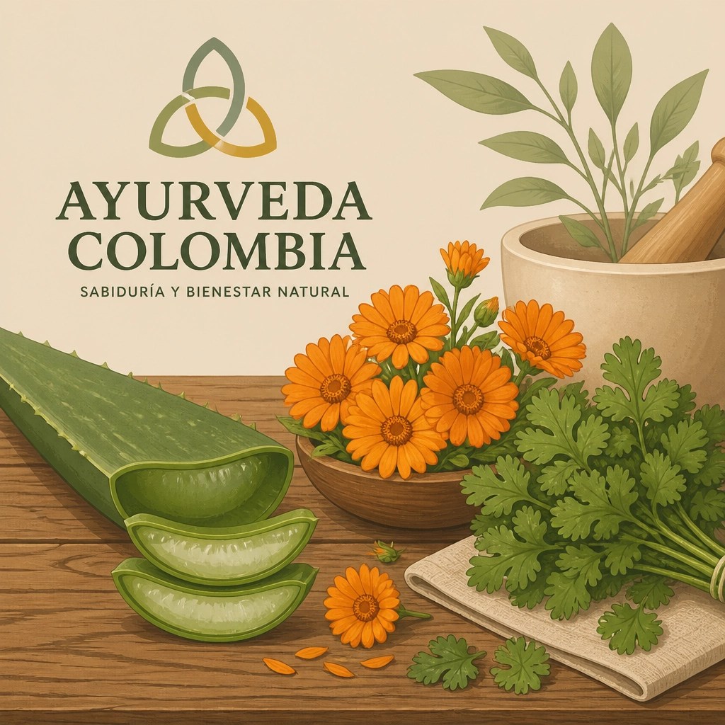 Ilustración digital de plantas colombianas refrescantes como la sábila, la caléndula y el cilantro, ideales para equilibrar el dosha Pitta