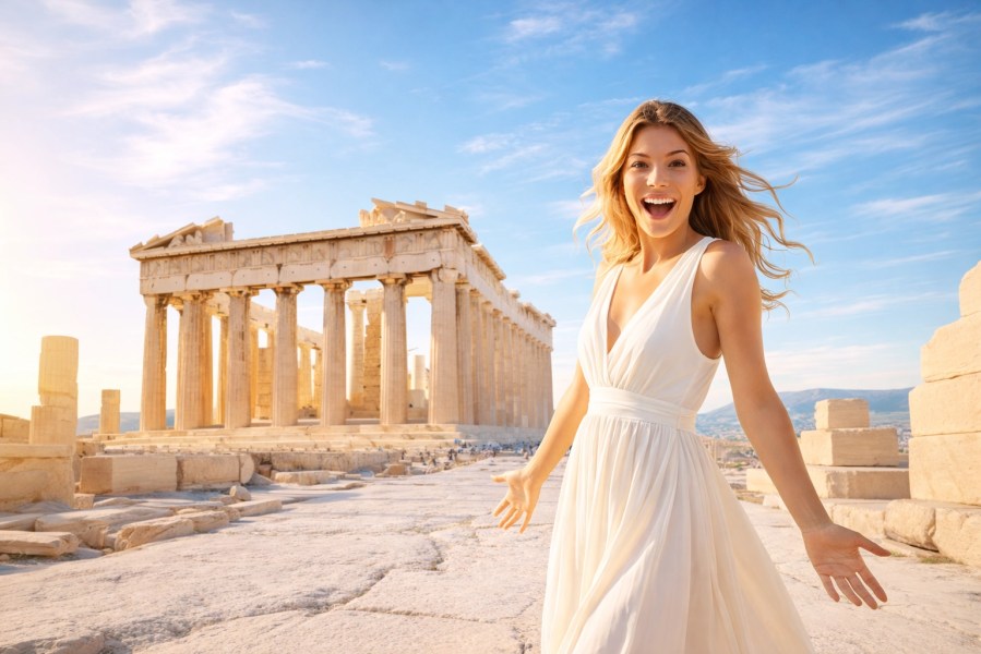 Woman in White Dress at the Parthenon