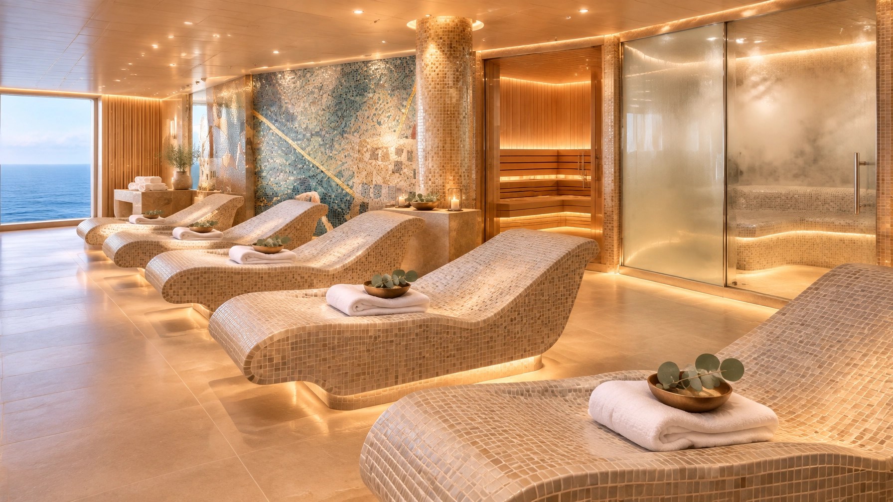 Empty luxury cruise ship thermal suite with heated loungers, sauna details, and ocean views