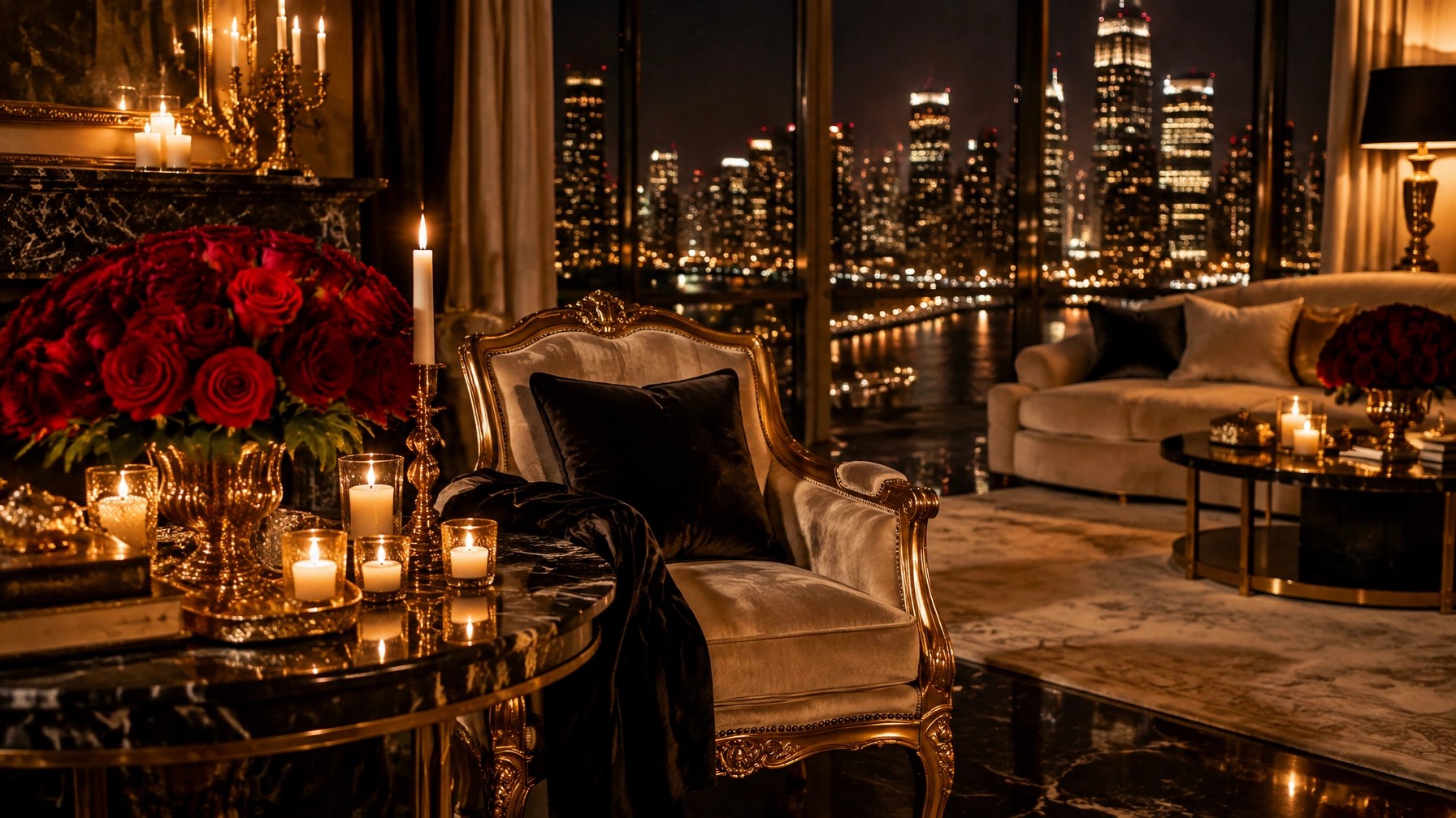 Opulent candlelit penthouse with velvet armchair, red roses, marble table, and city skyline for dating advice for women and feminine energy