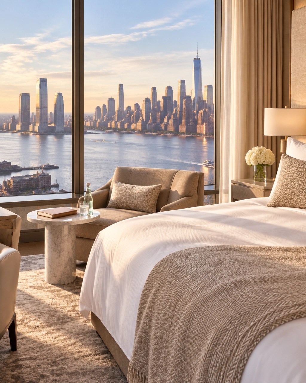 Elegant Midtown hotel suite with Hudson River and skyline views